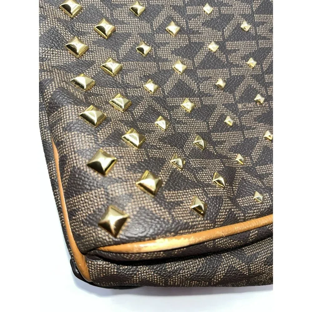 Michael Kors Abbey Medium Studded Backpack Brown MK Signature PVC Gold Logo Tag